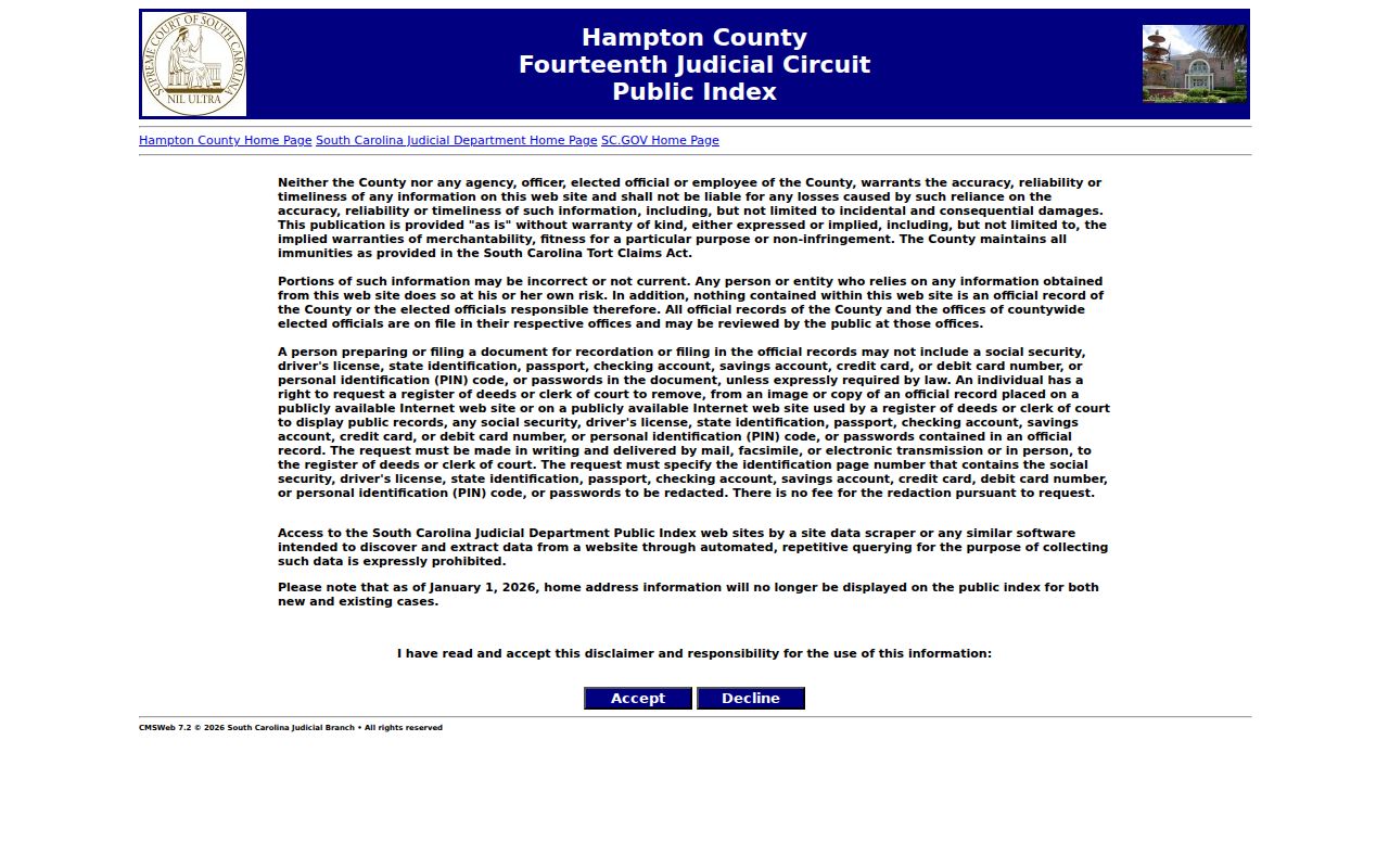 Hampton County warrant records: South Carolina Public Index court search