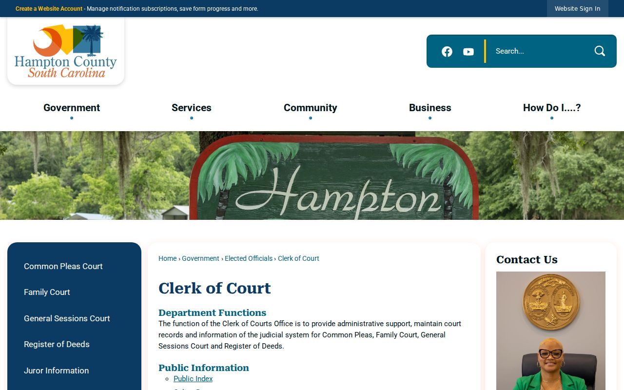 Hampton County warrant records: Clerk of Court records and contact page