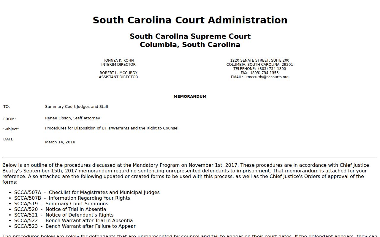 Hampton County bench warrant service procedure from South Carolina court materials