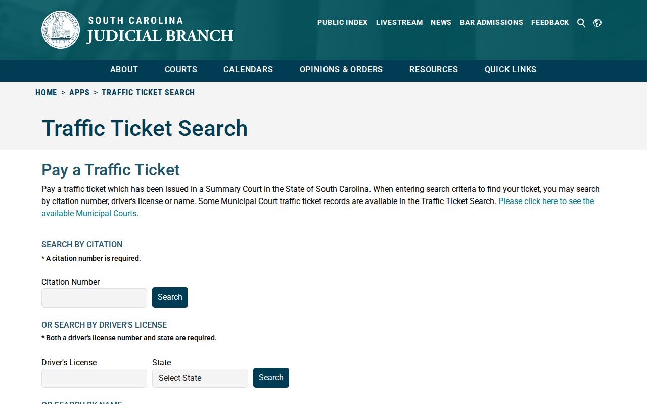 Hampton County traffic warrant citation search fields on the South Carolina court portal