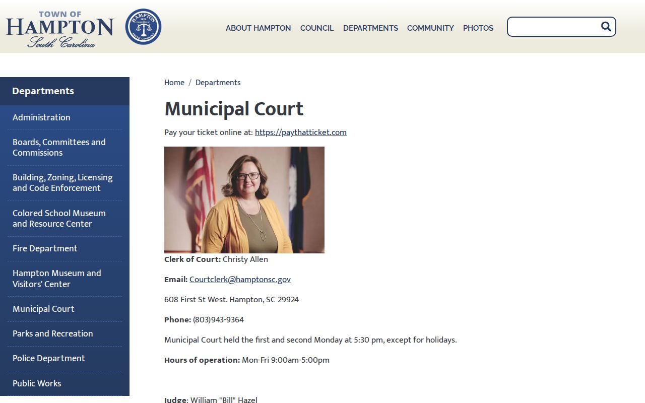 Hampton County Hampton warrant records: municipal court schedule and payment page