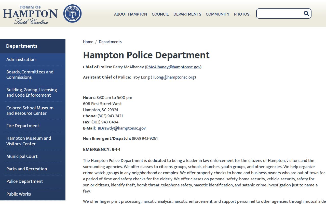 Hampton County Hampton warrant records: official Hampton Police contact page