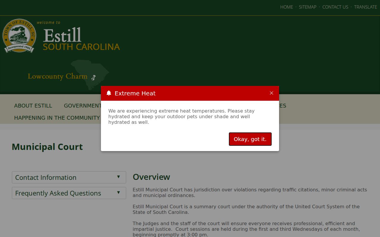 Hampton County Estill warrant records: municipal court hours and hearing information