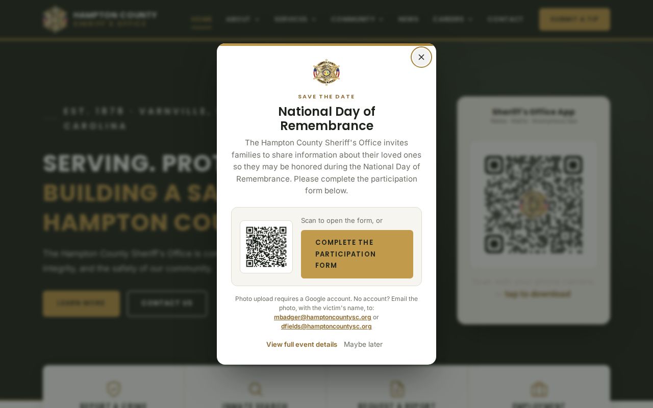 Hampton County Sheriff's Office page for warrant service information