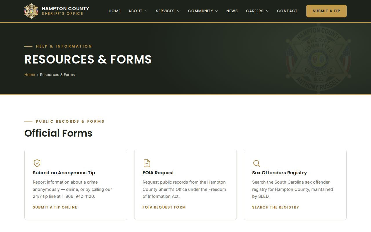Hampton County warrant records request and sheriff resource links
