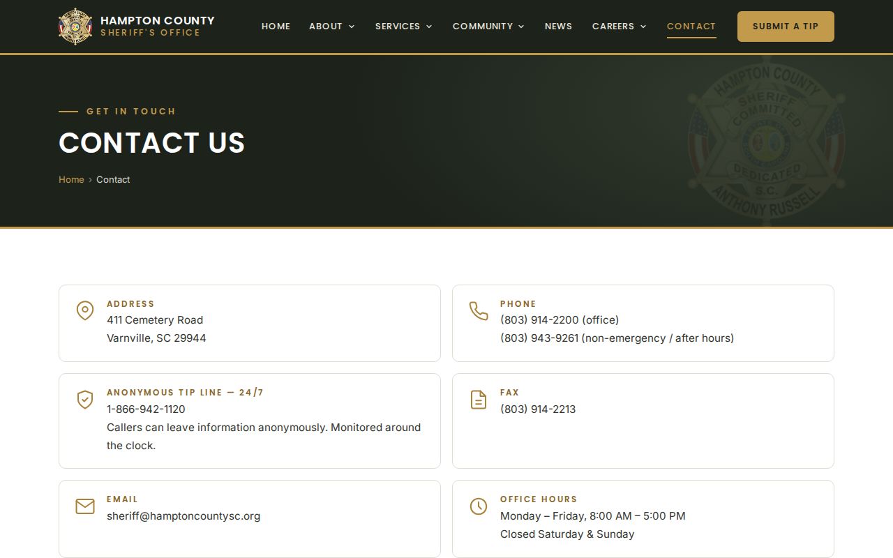 Hampton County warrant service and sheriff contact information
